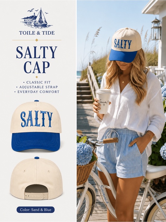 Accessories - SALTY Coastal Trucker Hat Blue & Ivory Embroidered Baseball Cap | Beach Vacation